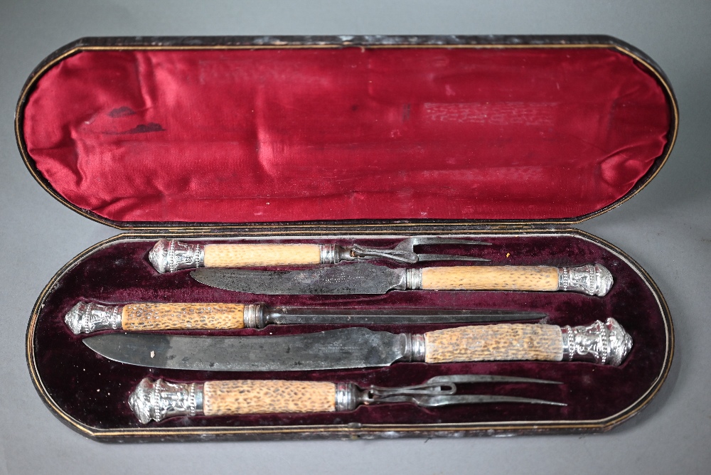 Victorian cased five-piece carving set, the antler handles with ep pommels embossed with rams' - Image 2 of 3