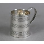 George III small mug of tapering cylindrical with reeded banding and scroll handle, Solomon Hougham,