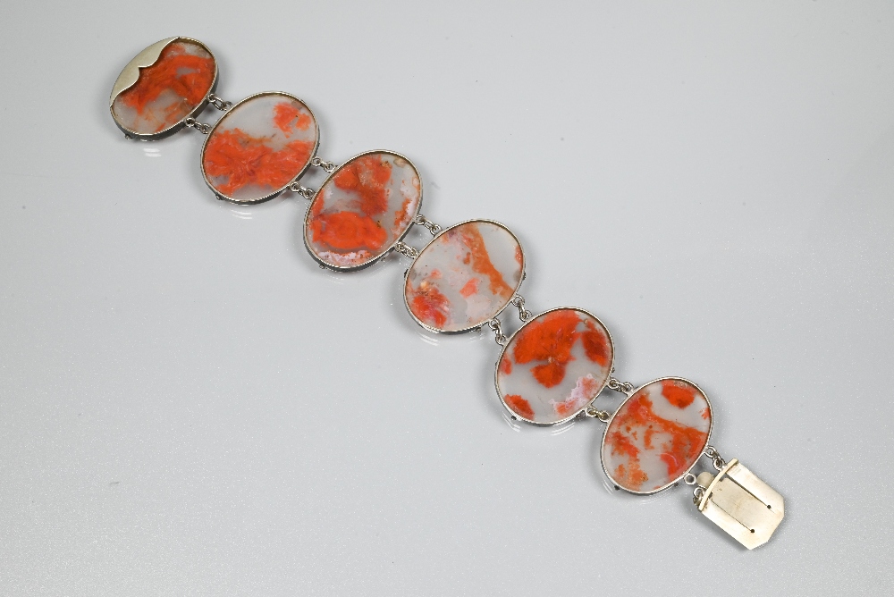 A moss agate bracelet formed of chain-linked oval discs, a Victorian piqué work brooch and a row - Image 6 of 6