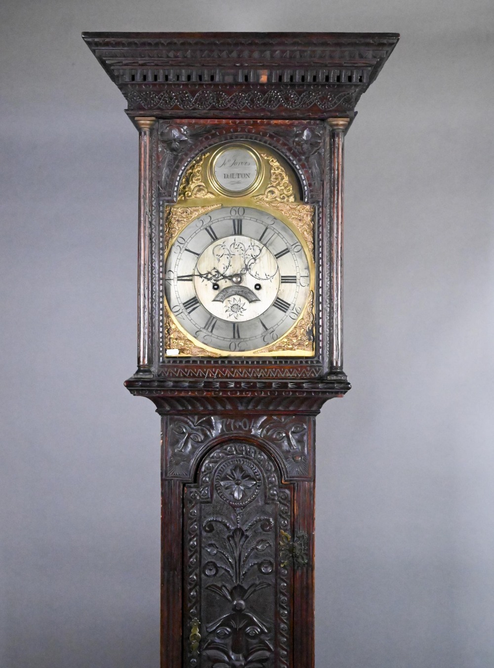 Jarvis, Dalton, an 18th century and later carved oak clock, the eight day movement with arched brass - Image 2 of 8
