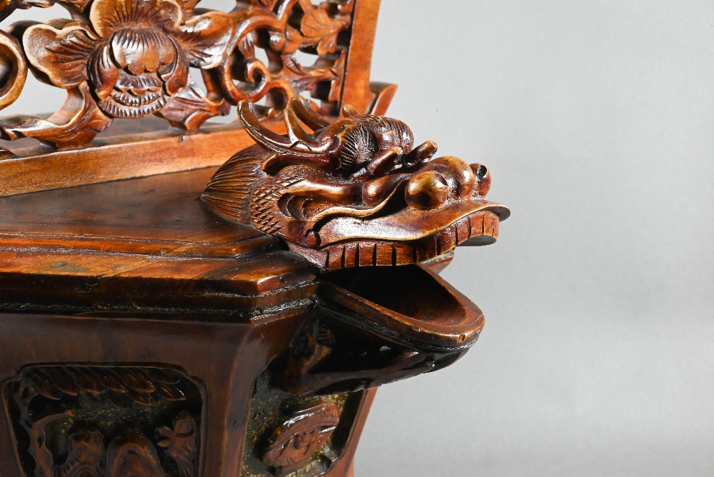 A Chinese stained hardwood water bucket of tapering octagonal form with floral and foliate fret- - Image 3 of 10