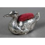 Edwardian 'duck' pin cushion with blue glass eye and red velvet pad, Britton, Gould & Co, Birmingham