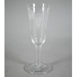 Georgian ale glass, the tapering bowl wheel-etched with hops and barley on plain tapering stem and