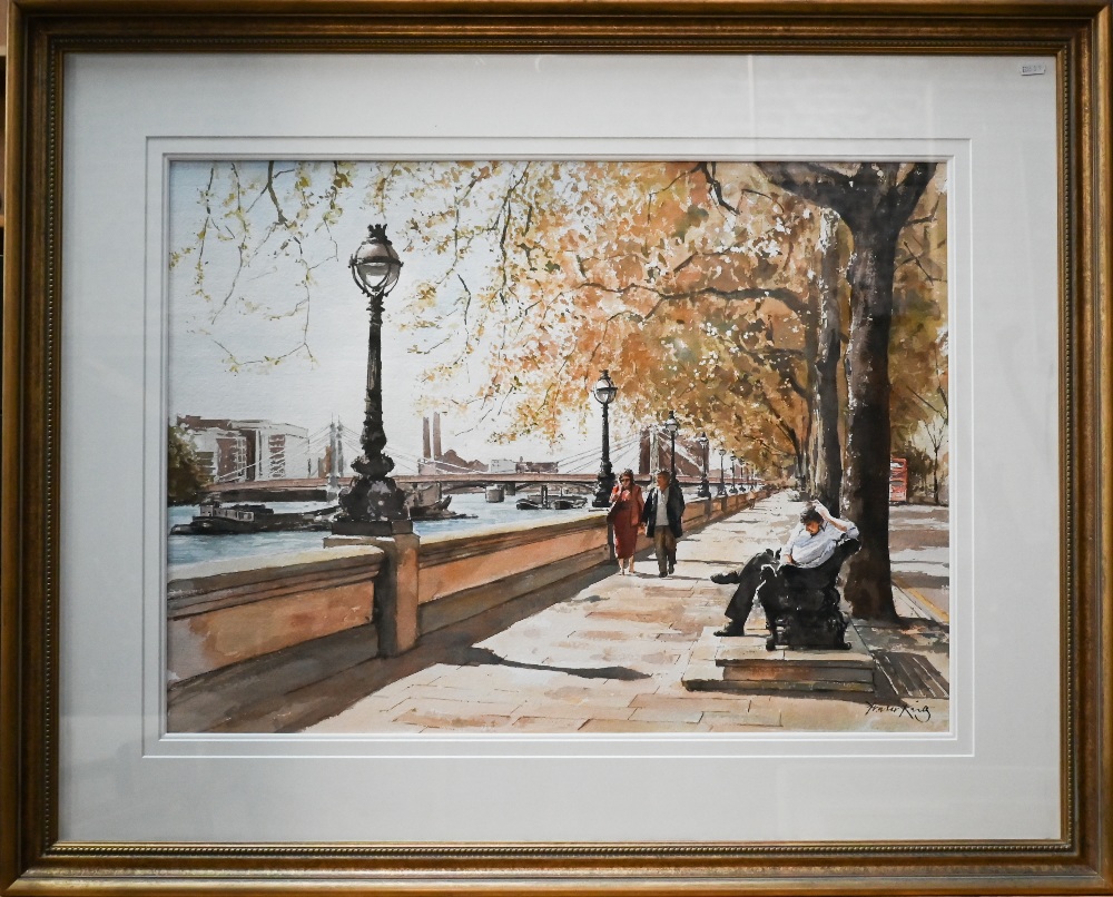 Fraser King (b 1969) - Chelsea Embankment, watercolour, signed lower right, 51 x 70 cm Llewellyn