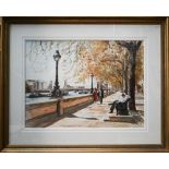 Fraser King (b 1969) - Chelsea Embankment, watercolour, signed lower right, 51 x 70 cm Llewellyn