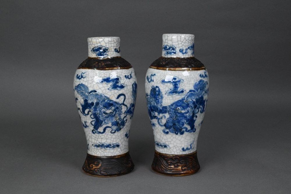 A pair of late 19th century Chinese blue and white Nanjing export baluster vases, Qing dynasty, - Image 2 of 15