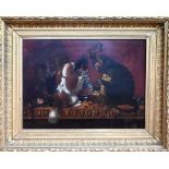 Continental school - Monkey and dogs on dining table, oil on canvas, indistinctly signed lower left,
