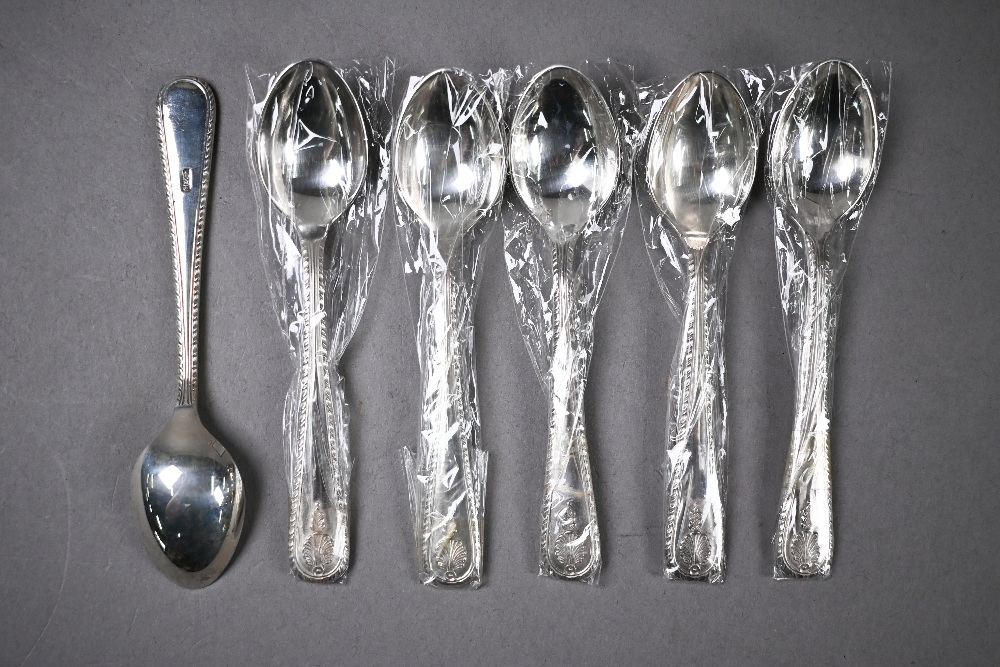 Twelve coffee spoons with shell finials and feather-edge stems, stamped 'Silver' - unused in case - Image 2 of 3