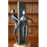Guy Buseyne (b.1961), verdigris-patinated bronze figural group 'Both Ways', 58 cm high on square