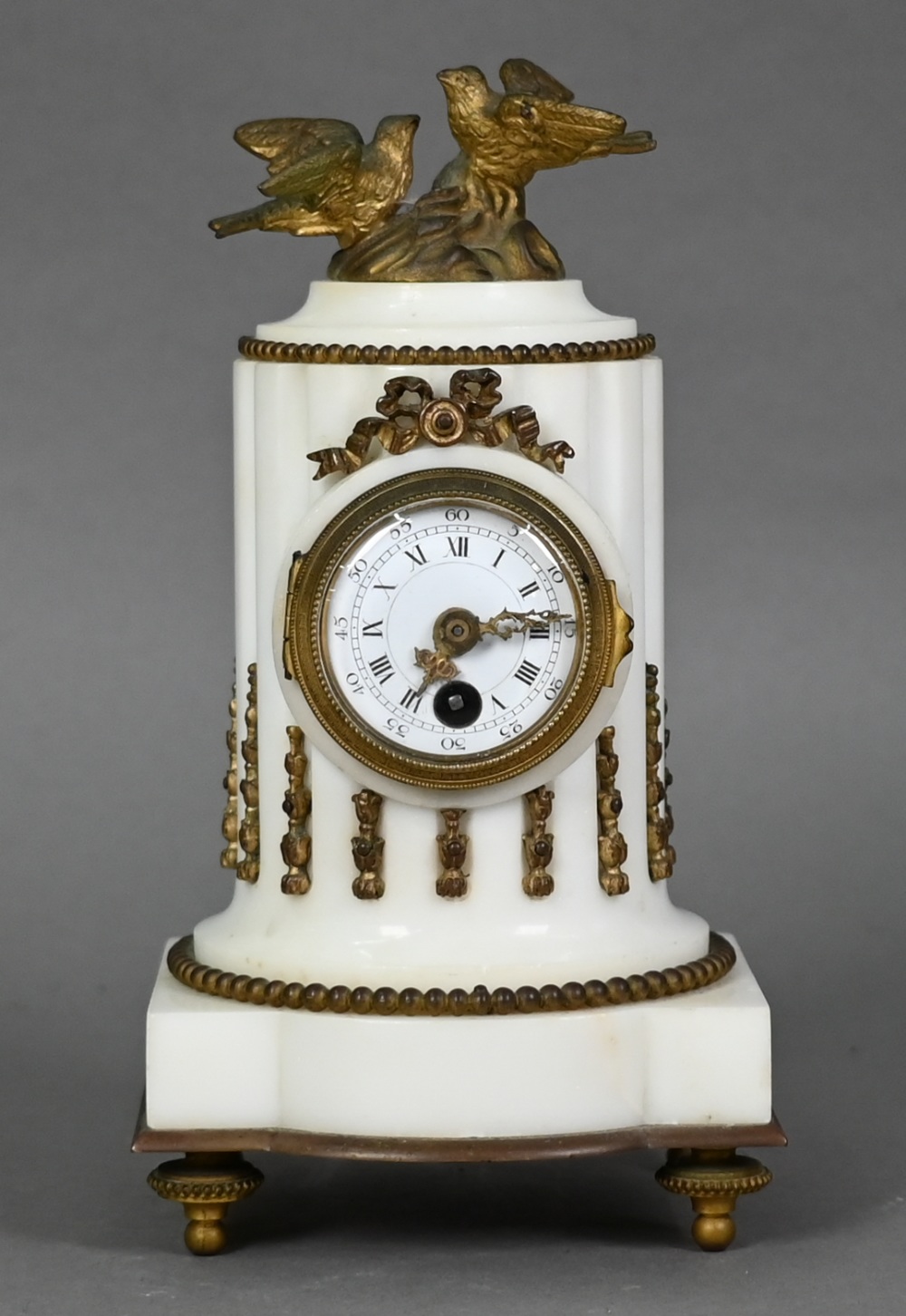 A late 19th century French gilt metal mounted white alabaster mantel clock, the 8-day single drum - Image 2 of 6