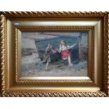 R Anderson - 'Playmates', children playing on shore, watercolour, signed and dated 1883, 30 x 45 cm