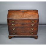 A George III mahogany bureau, the fitted interior centred by a polychrome painted cupboard door over