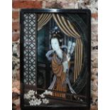 A Republic period Chinese reverse painting on glass depicting interior scene with robed elegant lady