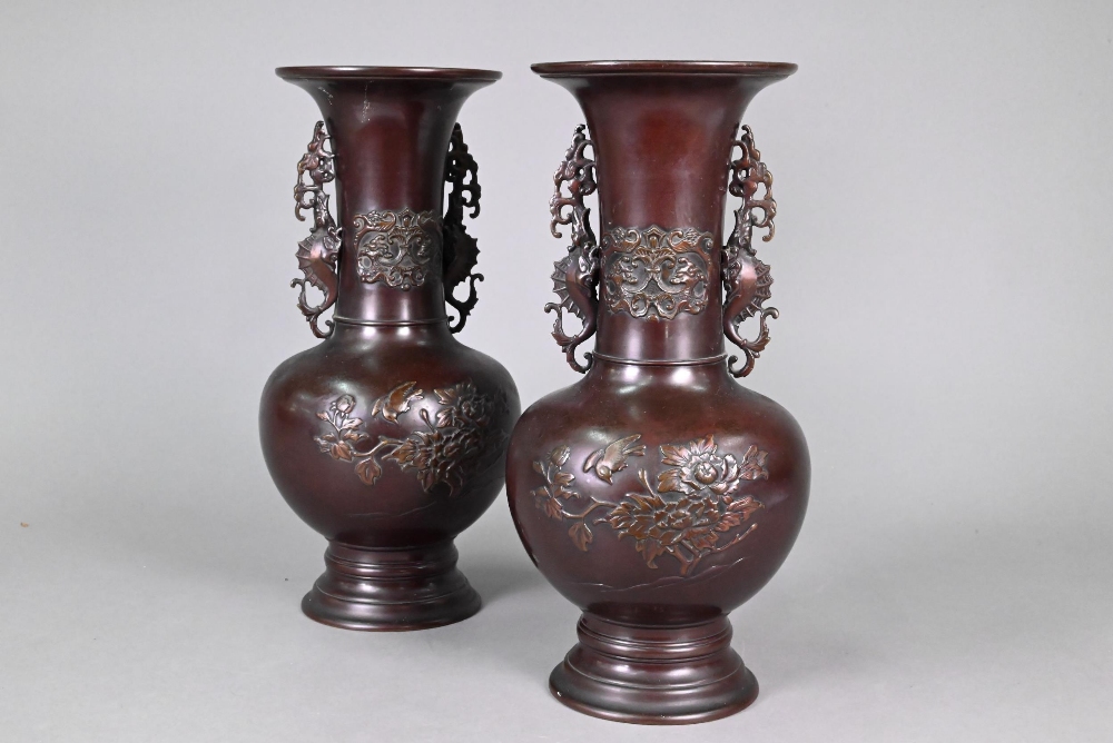 A pair of late 19th or early 20th century Japanese bronze vases, the flaring necks with archaistic - Image 2 of 7