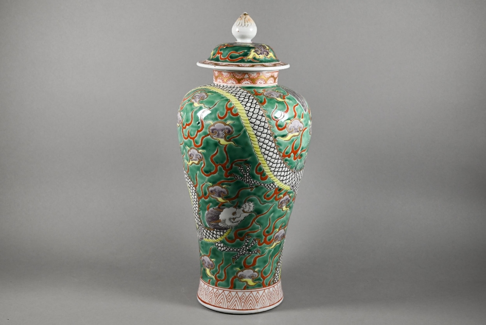 A mid 20th century Japanese Arita Aoki Brothers famille verte baluster vase with domed cover - Image 2 of 9