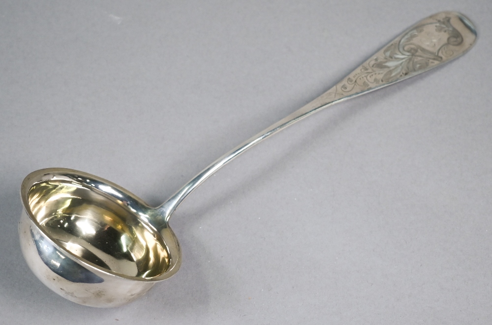 German .800 grade punch ladle with foliate-engraved stem, maker E. Mueldner, 6.6oz, 35.5cm long