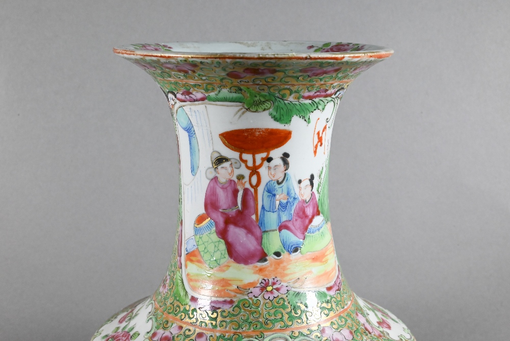 A 19th century Chinese Canton famille rose vase, late Qing dynasty, baluster form with a flared neck - Image 6 of 11