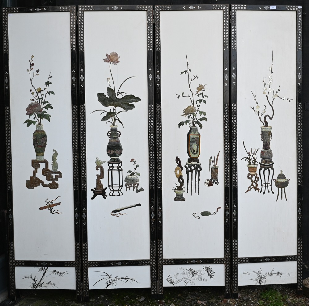An early 20th century Chinese four-panel folding dress screen, the front with white lacquered panels - Image 2 of 7