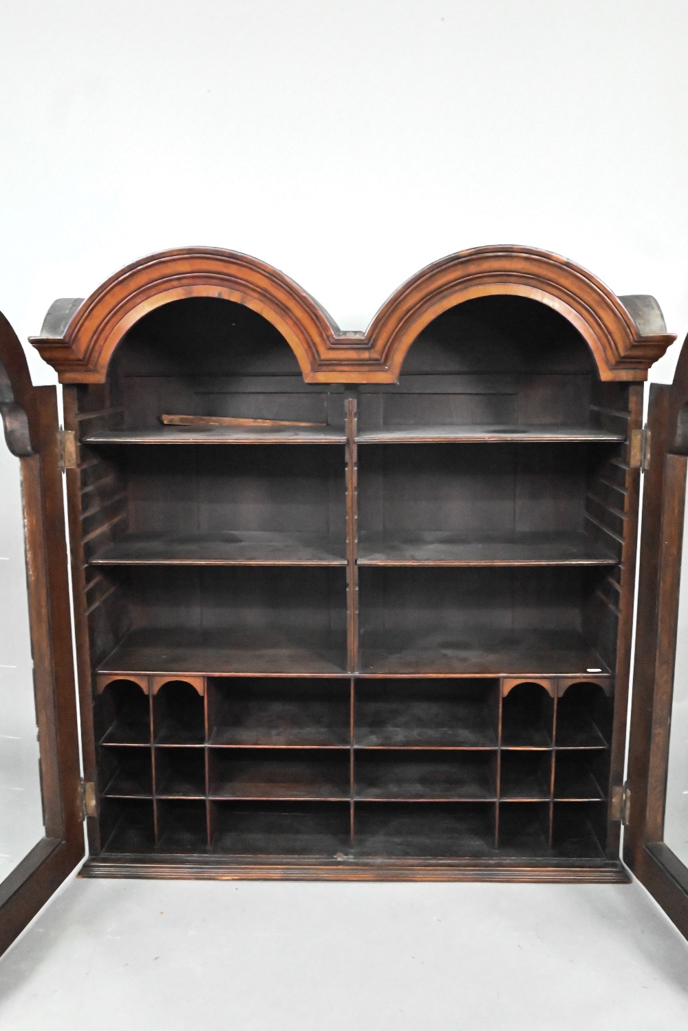 A William & Mary period walnut double dome top cabinet, with pair of arched glazed doors enclosing - Image 3 of 5