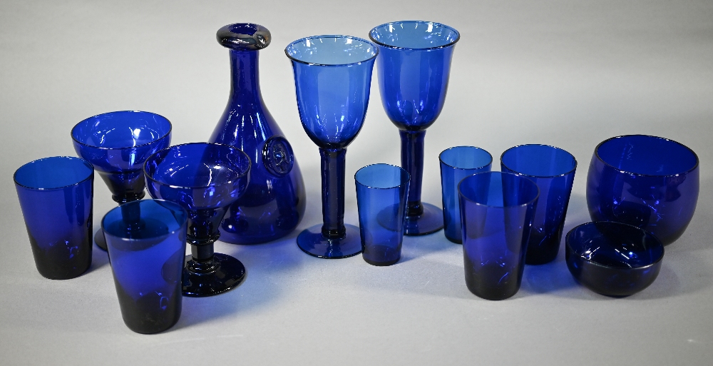 A selection of Victorian and later 'Bristol blue' drinking glasses, tea-blending bowl and another