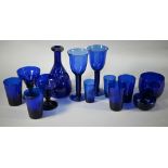 A selection of Victorian and later 'Bristol blue' drinking glasses, tea-blending bowl and another