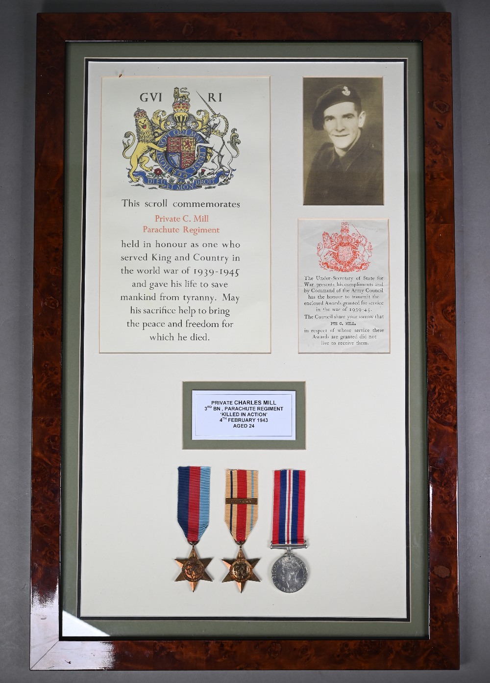 A WWII casualty group of three medals to 4457111 Pte. C Mill, 3rd Batt. Parachute Regt. comprising