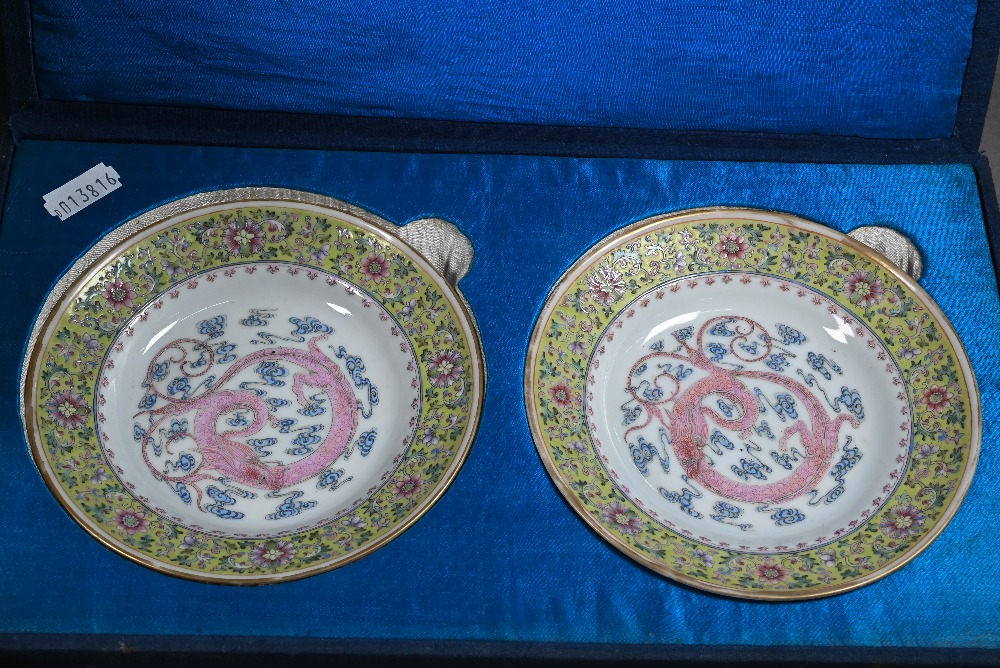 Two 20th century Chinese egg-shell porcelain bowls painted interiors with phoenix and feather-scroll - Image 2 of 16