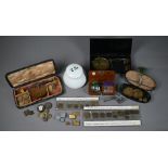 Four antique/vintage boxed sets of jewellers scales, to/w various jewellers' and apothecary