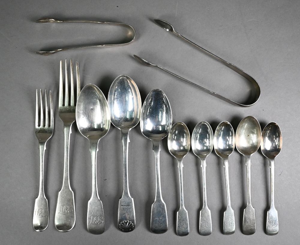 Quantity of Georgian and later fiddle pattern silver flatware, including a pair of Irish sugar - Image 2 of 2