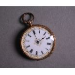 A 19th century Swiss 14k fob-watch with engraved case, keywind movement and decorative silvered
