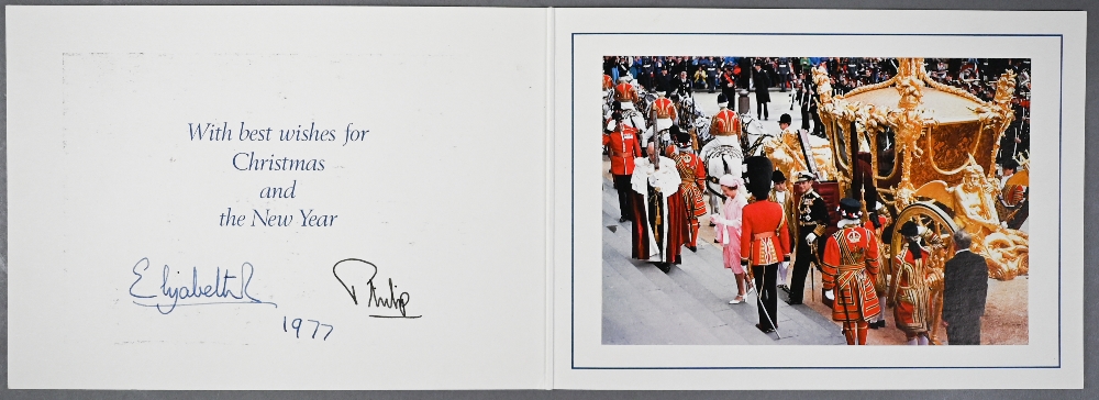 HM Queen Elizabeth II and HRH the Duke of Edinburgh Christmas card with two gilt cyphers to front,