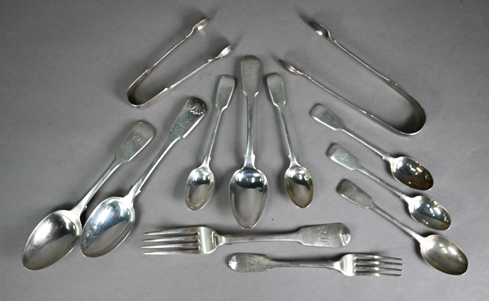 Quantity of Georgian and later fiddle pattern silver flatware, including a pair of Irish sugar
