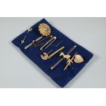 Assorted bar brooches/stick pins including three 9ct, target brooch, some gilt metal (9 and a part