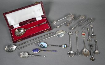 Small quantity of silver flatware inc cased seal-top preserve spoon, 2.7oz, to/w various Continental