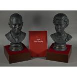 Boxed pair of Royal Doulton black basalt busts of HM Queen Elizabeth II and the Duke of Edinburgh,