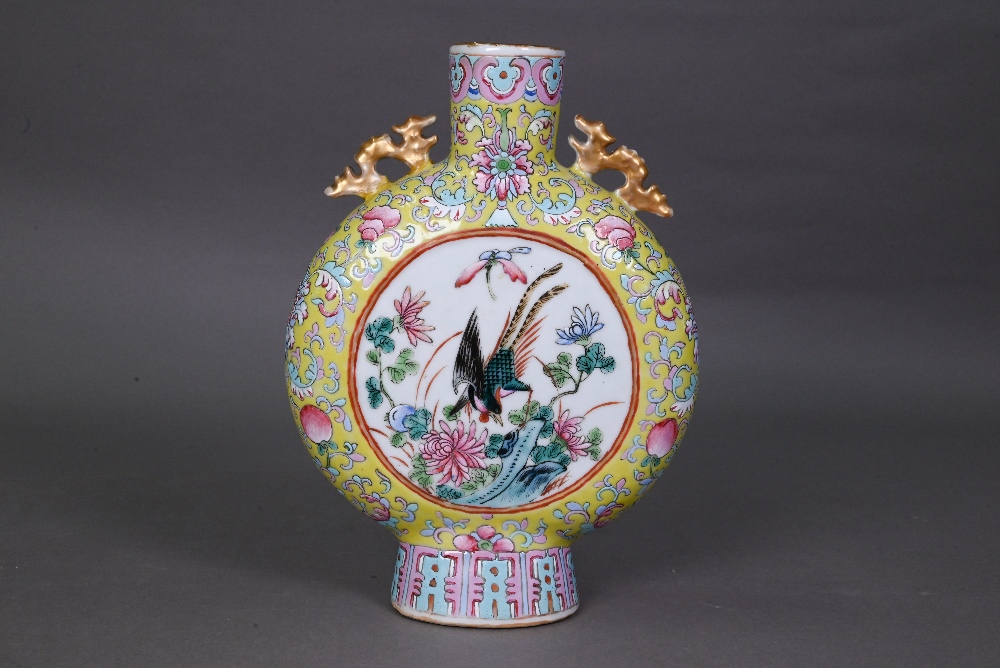 A 19th century Chinese famille rose moon flask vase with applied gilded chilong dragon handles, - Image 4 of 17