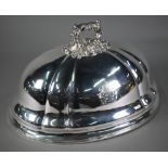 19th Century old Sheffield plate oval meat-dome with foliate-cast handle and moulded rim, engraved