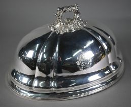 19th Century old Sheffield plate oval meat-dome with foliate-cast handle and moulded rim, engraved