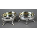 Pair of George III oval silver open salts with beaded rims and hoof feet, Thomas Shepherd (