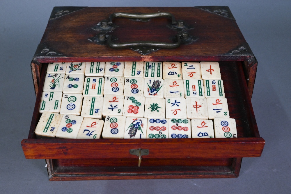 A Chinese Mah Jong set, the hardwood brass mounted case having two brass handles and sliding front - Image 6 of 12