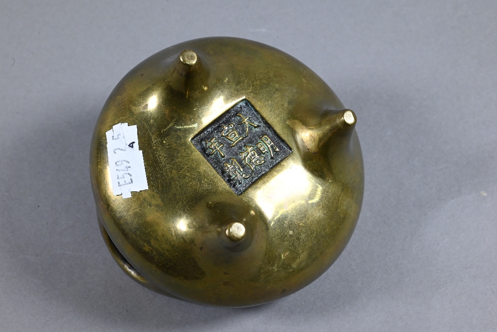 A 19th century Chinese bronze incense burner or censer of typical tripod form with compressed - Image 4 of 7