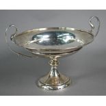 Silver fruit comport with twin scroll handles, on stemmed circular foot, Walker & Hall, Sheffield