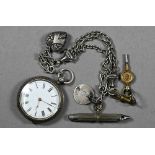 A Swiss .935 standard fob watch with keywind movement and engraved case, on fancy-link chain with