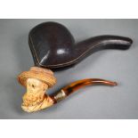 Edwardian Meerschaum pipe, carved as a bearded gentleman in a straw hat, on silver-mounted amber
