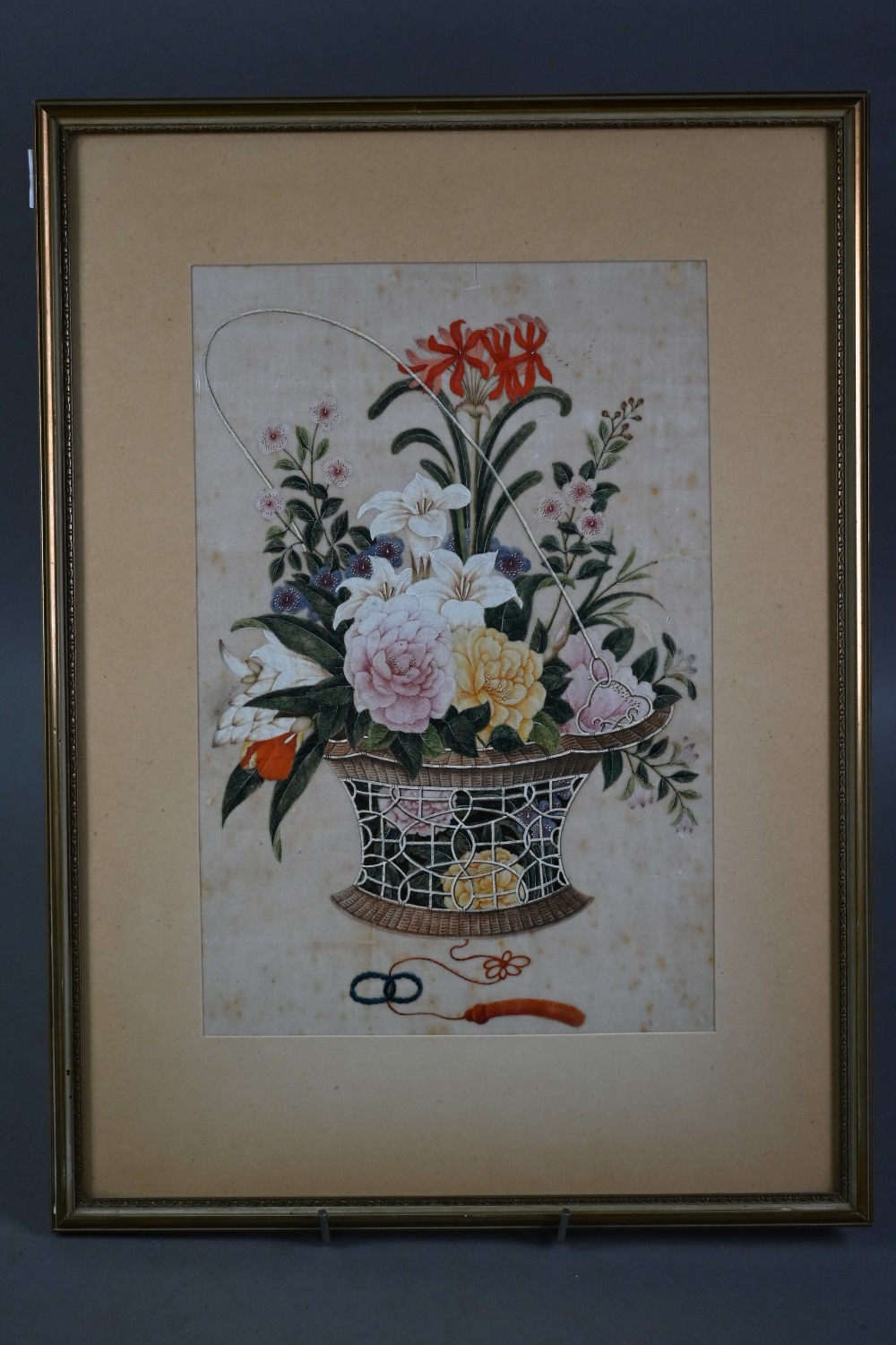 An early 20th century Chinese painting of a basked filled with various flowers, ink and - Image 2 of 3