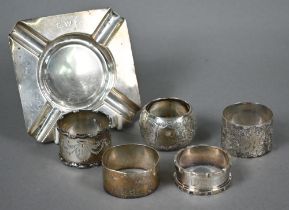 Five various silver napkin rings, to/w an ashtray, Chester 1914 (6), 6.6oz