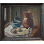 20th century Continental school - Still life study with pitcher, and fruit on a platter, oil on
