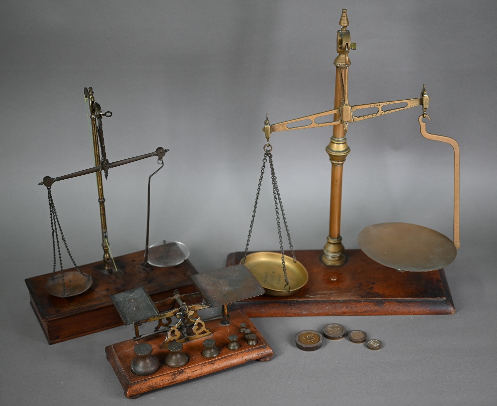 A 19th century set of brass and steel scales on mahogany base with drawer, 37 cm high to/w a large - Image 2 of 4