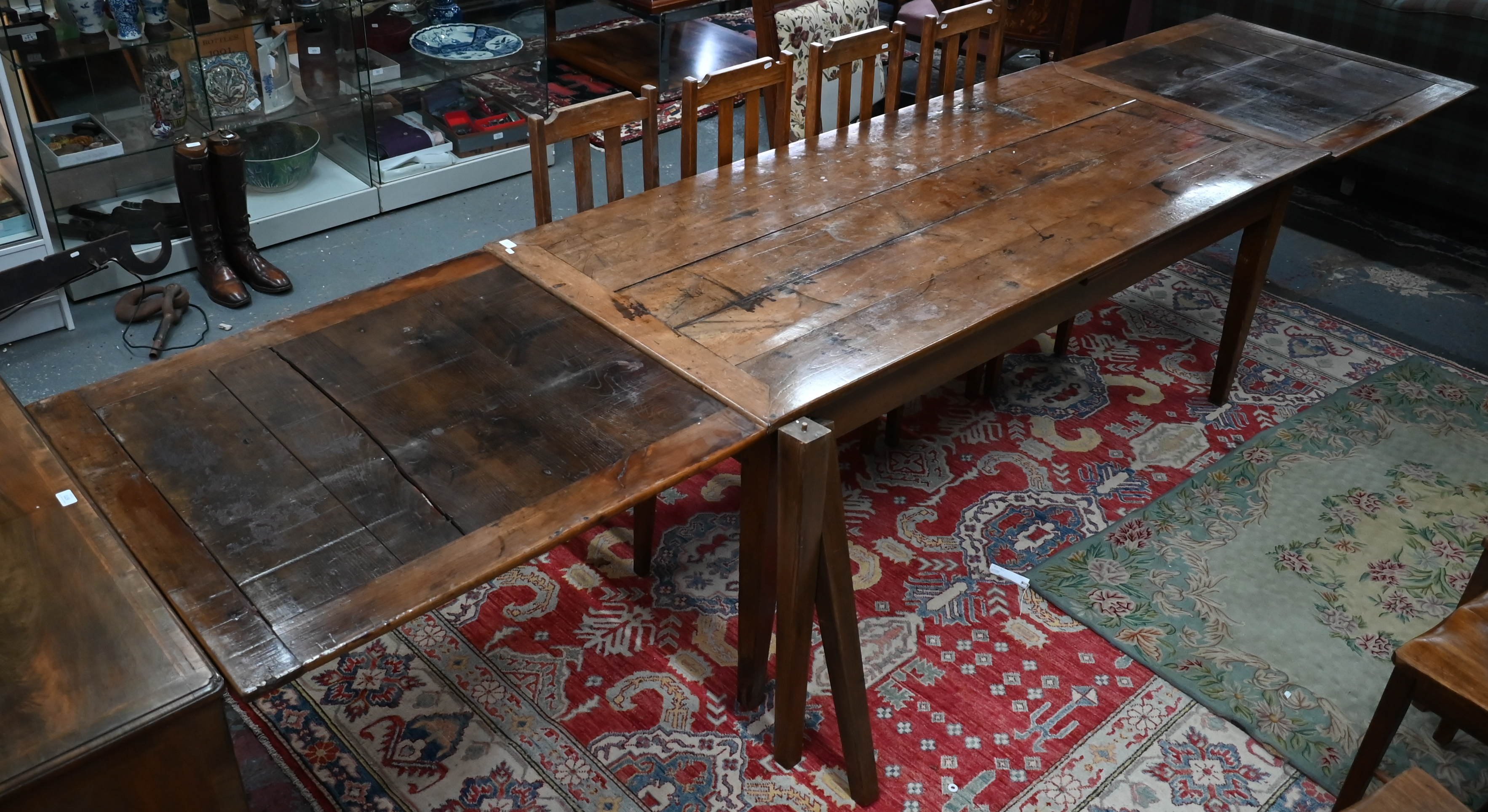 An antique French fruitwood extending draw leaf dining table, with frieze drawer to one end, - Image 11 of 15