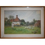 Maud Naftel (1856-1890) - 'A Kentish Farm', rustic cottage view with elderly man herding geese,